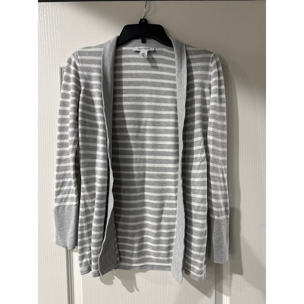 White House Black Market Grey White Striped Open Front Cardigan Button Cuff S